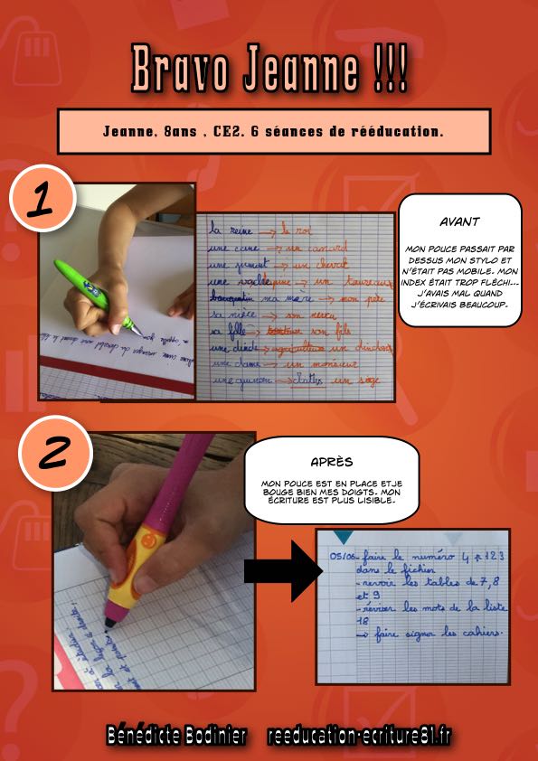 Jeanne, 8 ans, 6 séances de rééducation ecriture jeanne apres rééducation de l'écriture